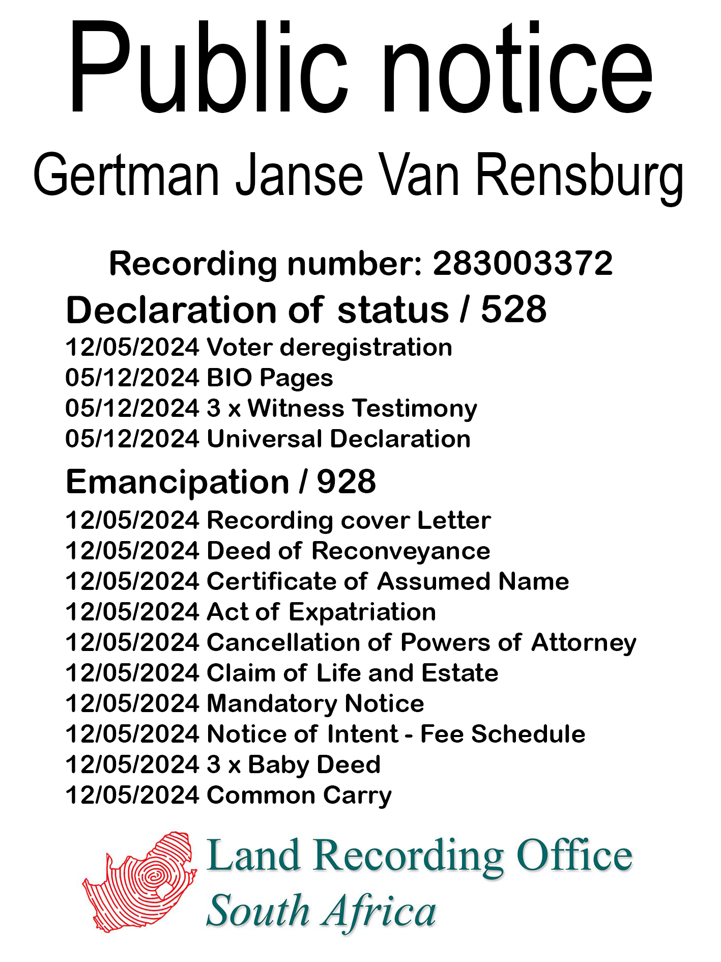 Public notice Gertman Janse Van Rensburg Recording number 283003372